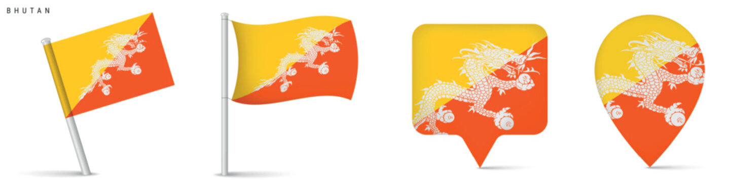 Collection of Bhutan flag icons featuring waving flag on pole, rectangular location marker and map pin shape. National symbol isolated on white background suitable for travel and geography design.