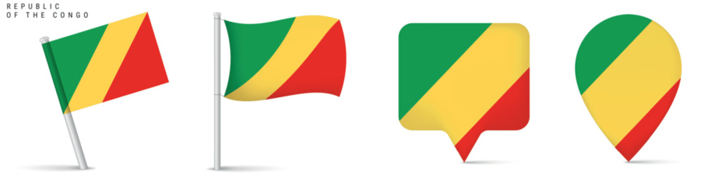 Republic of the Congo flag icons set featuring waving flag on pole, rectangular location marker and map pin shape. National symbol isolated on white background for travel and geography design.