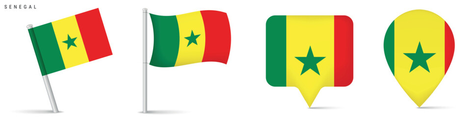Set of Senegal flag icons featuring waving flag on pole, rectangular location marker and map pin icon. National symbol isolated on white background for travel and geography themes. © Ivan Burchak