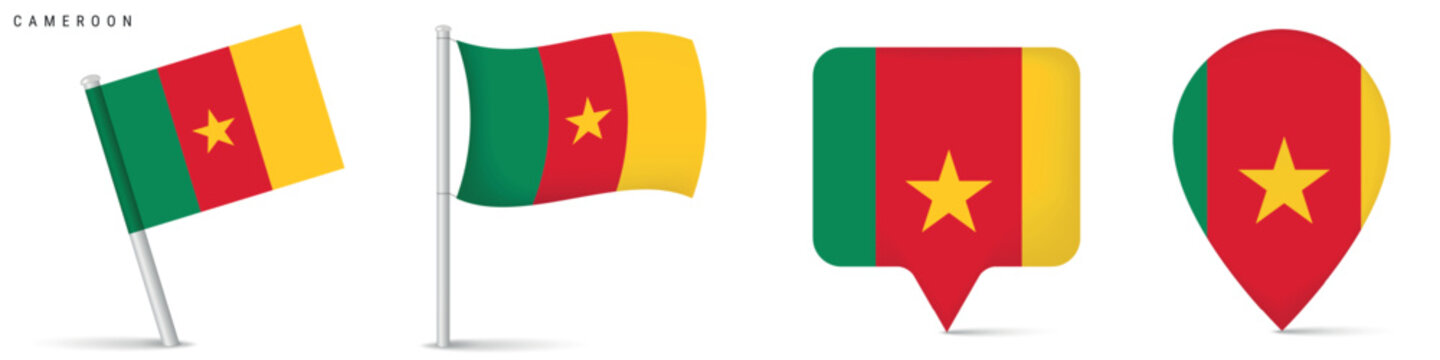 Cameroon flag icon collection including waving flag on pole, rectangular location marker and map pin shape. National symbol isolated on white background for travel and geography graphics.