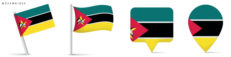 Collection of Mozambique flag icons featuring waving flag on pole, rectangular location marker and map pin shape. National symbol isolated on white background for travel and geography themes. © Ivan Burchak