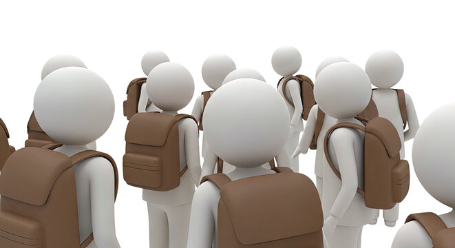 3D render of stick figures with backpacks