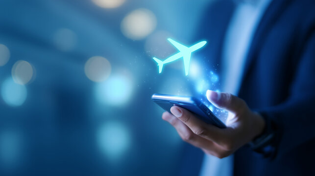 Business traveler using smartphone with glowing airplane icon in modern digital scene Close-up of a business traveler holding a smartphone with a glowing airplane icon floating abo