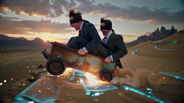 Blindfolded businessmen driving a runaway minecart on fragile glass tracks in a desert, metaphor for geopolitical crisis and risk