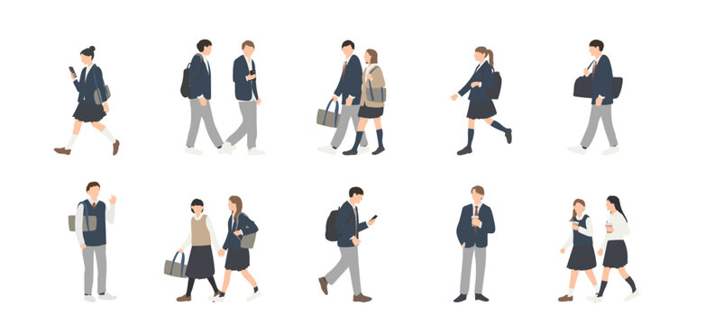 制服の高校生 男女　通学する学生の人物イラストセット