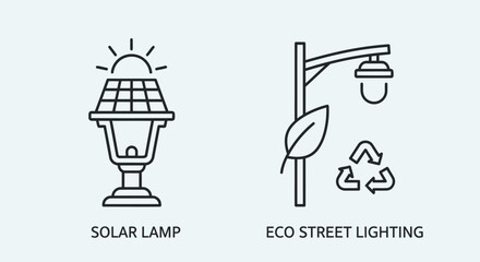 Fototapeta premium Solar Powered Lamp and Eco Street Lighting Vector Icons - Green Energy and Sustainable Urban Infrastructure Concept