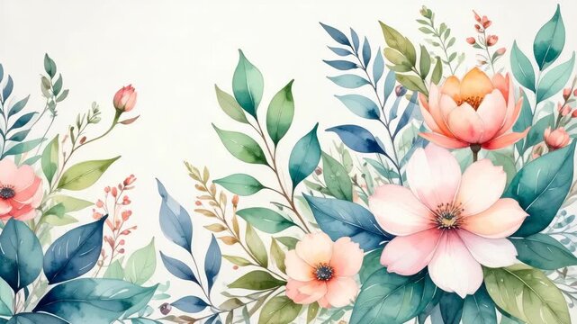 Watercolor floral arrangement with soft pink and orange blossoms and green foliage