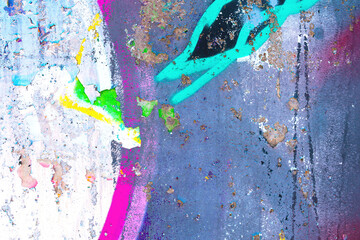 Grunge texture with peeling paint, vibrant blue, pink, green hues. Urban street art inspiration, 90s, Y2K style, fluorescent acid colors. Background, pattern, texture, digital art, creative banner © Aleksandra Konoplya