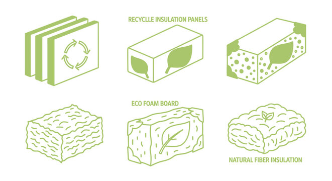Eco-Friendly Construction Insulation Materials Icon Set: Recycled Panels, Foam Board, and Natural Fiber Thermal Insulation for Sustainable Green Building