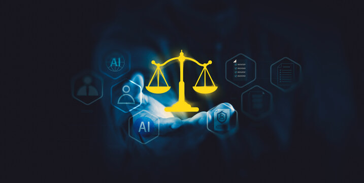 AI Ethics and Digital Justice Concept, Glowing Scales of Justice Icon with Artificial Intelligence and Legal Document Overlays.