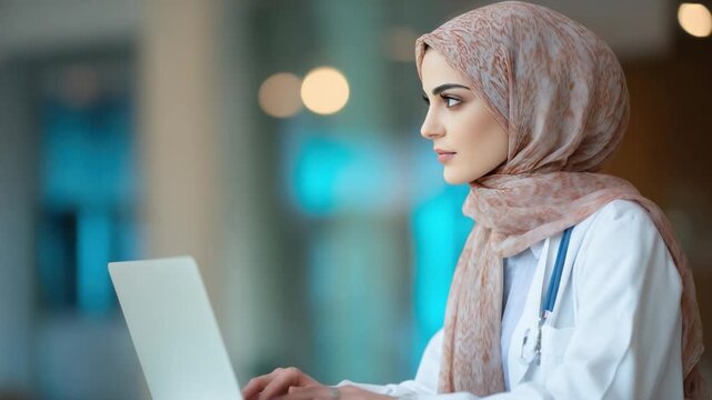 Empathetic Healthcare Professional: A dedicated healthcare professional, adorned in a headscarf, intensely focuses on her laptop. The image encapsulates commitment and compassion.