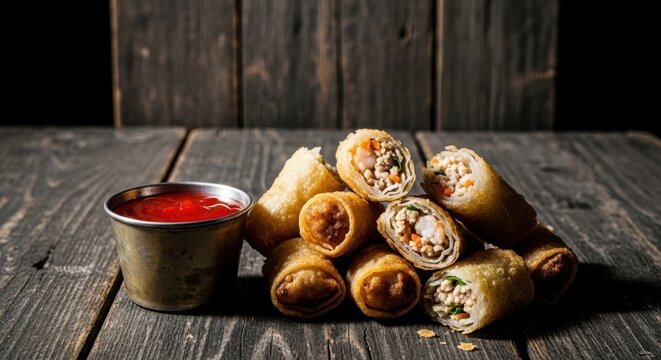 Crispy golden fried eggrolls with a side of red dipping sauce on a rustic wooden table