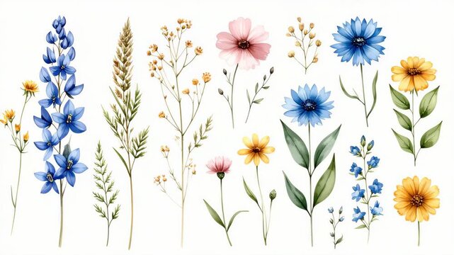 Watercolor floral illustration of wildflowers and grasses on white background
