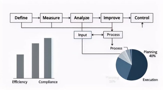 DMAIC process flow diagram with business analytics, Six Sigma methodology chart for project management, efficiency and compliance bar graph