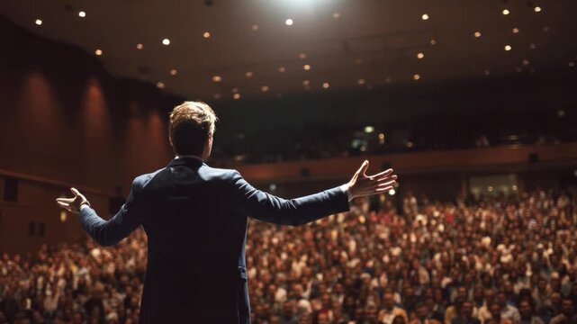 Inspiring Orator on Stage: A captivating orator commands the stage, captivating the attention of a packed auditorium, exuding charisma and authority while sharing impactful insights.
