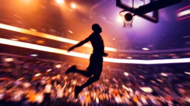 A basketball player silhouetted against a vibrant, blurred stadium crowd, soaring through the air for a dunk.