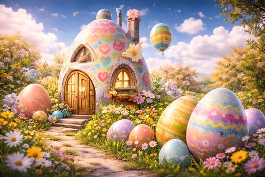 Colorful easter egg house sitting in a vibrant spring garden filled with flowers and decorated eggs