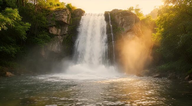 A powerful waterfall plunges into a sun-kissed pool, surrounded by lush green cliffs and mist