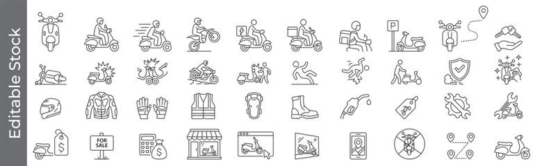 Scooter, motorcycle and delivery icon set – editable outline symbols of moped, for sale, shop, online store, rider, accident, safety, repair, shop and navigation © marufpro555777