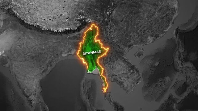 Myanmar map highlighted with an energy effect over a satellite imagery