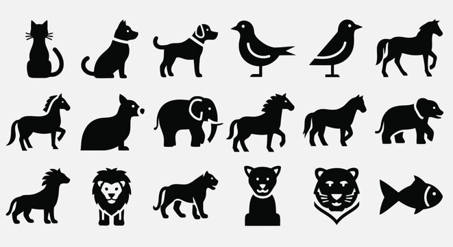 Black silhouettes of various animals on a transparent background
