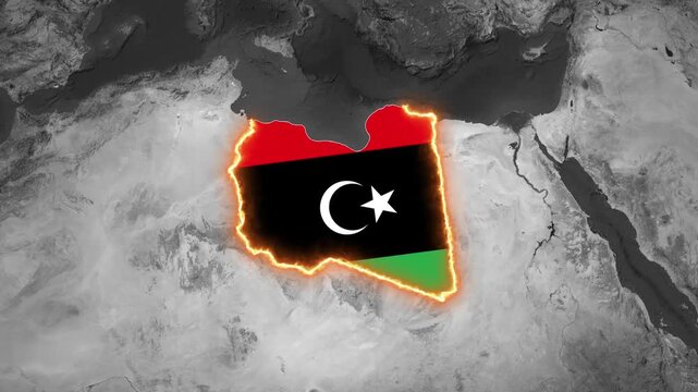 Libya map with flag background glowing red orange outline animation
