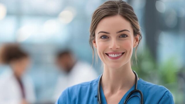 Compassionate Healthcare Professional: A radiant nurse with a stethoscope stands out with a warm, comforting smile, demonstrating empathy and dedication in a hospital environment. 