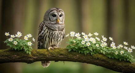 Obraz premium A majestic barred owl perched on a mossy branch surrounded by delicate white spring flowers in a soft forest setting