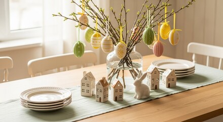 Obraz premium Easter table setting with decorated eggs, ceramic houses, and bunny figurine