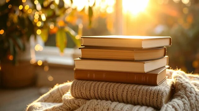 Cozy stack of books rests on a knitted blanket with warm golden sunlight and bokeh