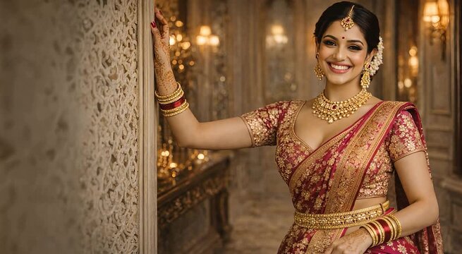 Indian bride posing with hand on carved wall wearing red saree and gold jewelry elegant wedding portrait ideal for bridal advertisement culture fashion promotion