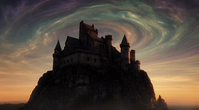 Fantasy castle on a rugged mountain under a swirling, colorful, celestial sky