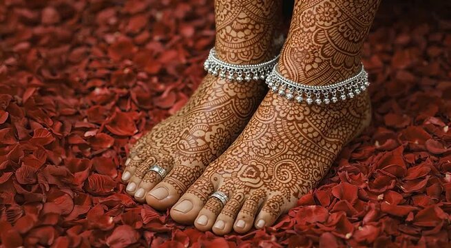 Indian bride foot with mehndi design and silver anklet standing on rose petal elegant wedding ritual detail ideal for bridal advertisement culture celebration promotion