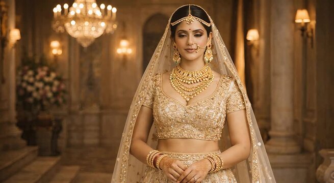 Indian bride standing in bridal lehenga with veil and traditional jewelry elegant wedding portrait ideal for bridal fashion advertisement culture celebration promotion