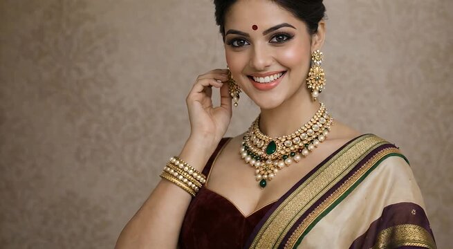 Smiling Indian woman adjusting earring while wearing saree and gold jewelry elegant beauty portrait ideal for bridal fashion advertisement lifestyle promotion