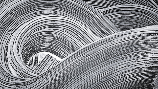 Abstract white soap foam strokes on a black background. Texture of soapy suds and bubbles. Concept of cleaning service, car wash, hygiene, or laundry. Top view of creative fluid pattern on dark surfac