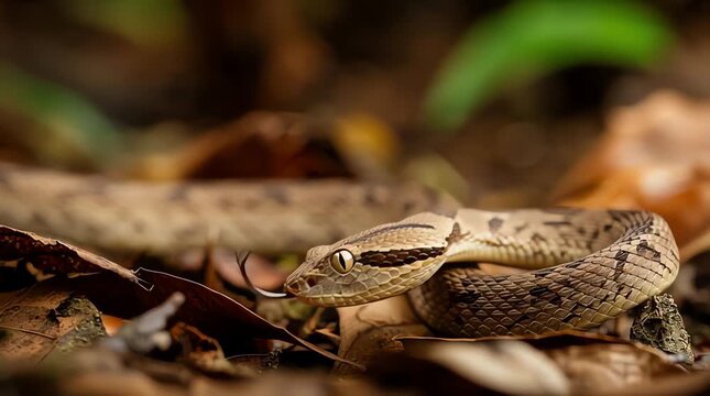 Realistic golden lancehead snake (Bothrops insularis) slithering slowly through dense leaf litter on a tropical island forest floor