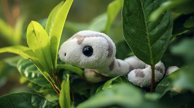 Bothrops insularis snake doll style, adorable stuffed snake peeking out from tropical green leaves, soft plush fabric body