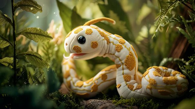 golden lancehead snake white color doll style, cute stuffed snake in playful strike pose, soft plush material with golden fabric scales