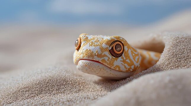 golden lancehead snake Bothrops insularis doll style, cute snake doll partially buried in soft sand with only the head and small part of the body visible