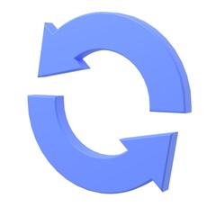 Fototapeta premium A high-quality 3D render of a blue circular refresh or synchronization symbol. Two curved arrows form a loop, representing continuous processing, updating, or recycling. Isolated on a clean white back