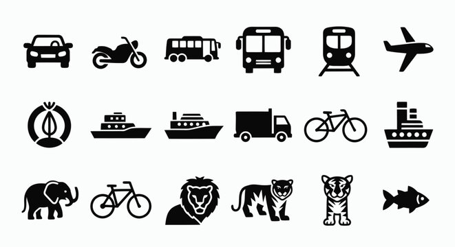 A collection of black icons on a transparent background