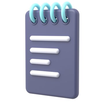 A high-quality 3D render of a purple spiral notepad with white horizontal lines and cyan rings, ideal for task management, education, and mobile app UI design.