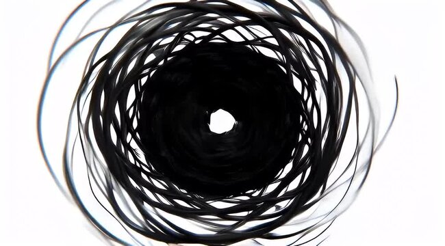 Abstract black ink swirl on white background, dynamic charcoal spiral motion, artistic ink brush strokes forming a circular vortex