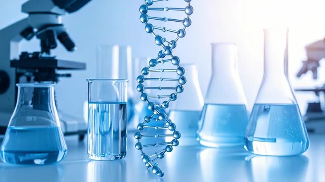 Close-up of a DNA helix model with laboratory glassware and microscope in background