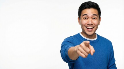Fototapeta premium Asian Professional Man Pointing at Camera with Wide Excited Eureka Eyes Isolated White