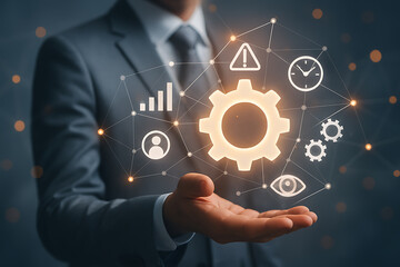 Naklejka premium Businessman holding glowing gear hologram surrounded by analytics icons representing process management and technology efficiency