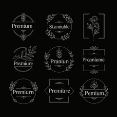 Fototapeta premium Set of nine elegant floral and leaf-themed premium badges and emblems.