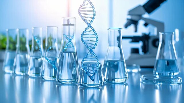 Close up of scientific research with DNA model in flasks and microscope background