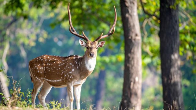 Majestic spotted deer with large antlers standing in a lush forest during daytime